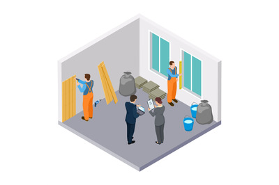 Isometric construction workers, room repair isometric vector illustrat