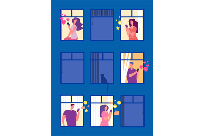 People in social networks in evening windows vector illustration