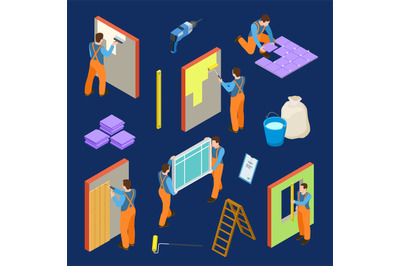 Repair workers and tools isometric vector set