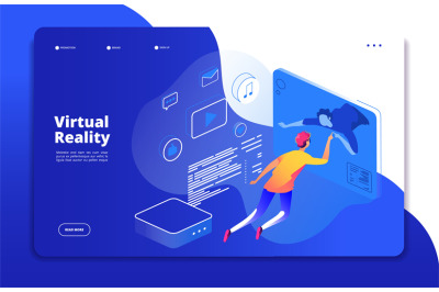 Virtual reality landing. People digital mobile entertainment augmented