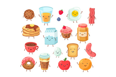 Breakfast food characters. Funny cartoon lunch apple eggs toast cake s