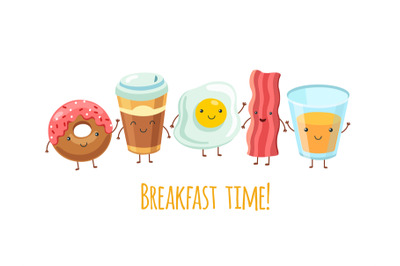 Happy breakfast characters. Egg sandwich coffee. Breakfast meal fried