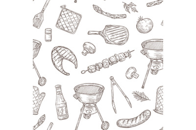 Barbecue seamless pattern. Sketch barbeque chicken grill vegetables fr