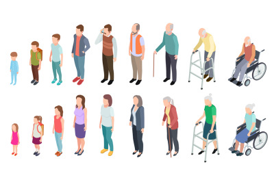 Different generations. Isometric people adult female male characters k