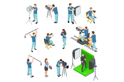 Cinematograph isometric set. People work camera light crew movie video