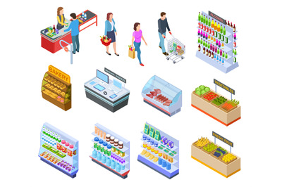 People isometric store. Shopping grocery market customer supermarket p