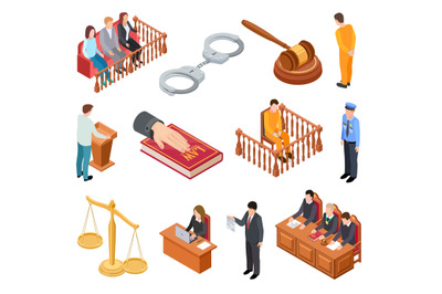 Isometric court of law. Trials defendant witness interrogation jury ju