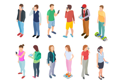 Isometric young people. 3d man speaking smartphone in stylish casual h