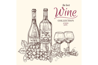 Best wine vector banner template with hand drawn wine bottles&2C; glasses