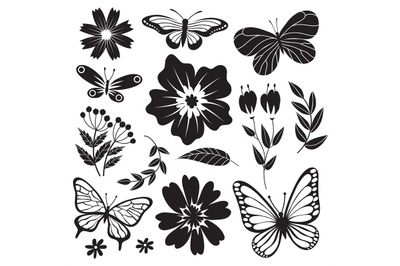 Black and white butterflies and flowers. Hand drawn vector floral set