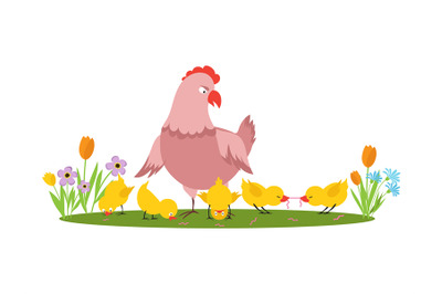 Cartoon character hen and little chickens in the meadow vector isolate