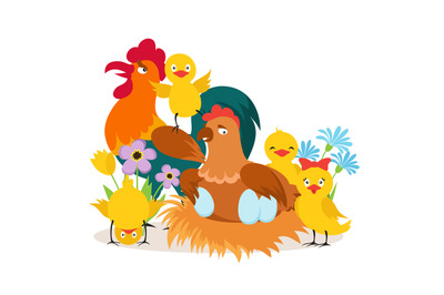 Cartoon cute chicken family with babies vector illustration