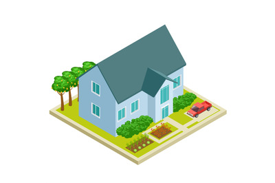 Country house with vegetable and fruit garden isometric vectot design