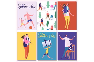 Fathers Day vector cards template with happy dads and kids