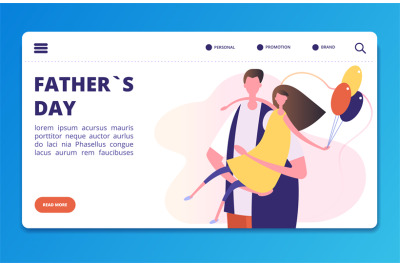 Fathers Day vector landing page template with cartoon father and daugh