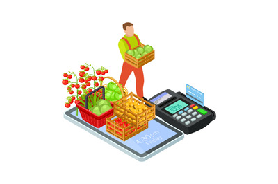 Fresh fruits and greens online market with free delivery vector isomet