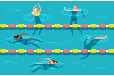 Group of women swimming in waterpool vector illustration