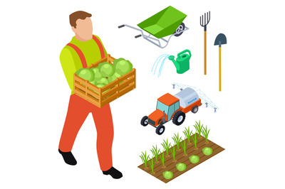 Isometric farmer and gardening equipment vector objects