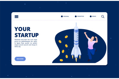 Isometric happy man and spase ship - startup vector landing page templ