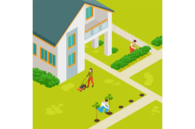 Isometric rural house and gardeners vector concept