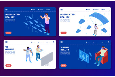 Isometric VR gaming, augmented reality vector landing pages templates