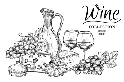 Jug of wine, cheese, sweets and glasses sketch vector background