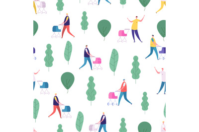 Men with baby strollers walk in the park vector pattern design