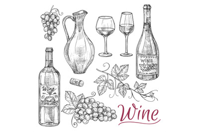 Sketch wine vector elements - bottles, glasses, grapes and jug