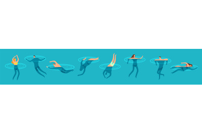 Swimming and diving people in ocean cartoon vector illustration