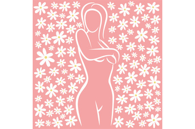 Woman health, vector female silhouette with chamomile flowers on pink