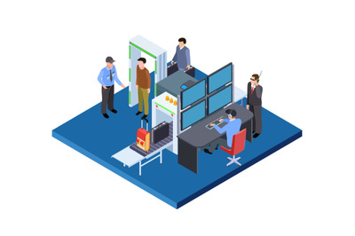 Checking baggage and people, security service isometric vector illustr