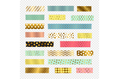 Colorful, golden washi tape strips, vector scrapbook elements