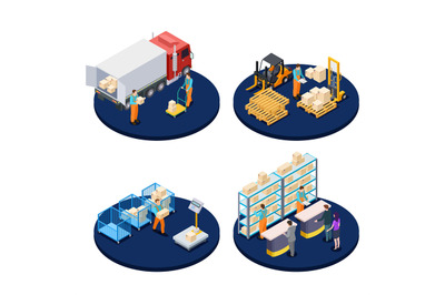 Delivery isometric. Logistic, distribution warehouse, parcel delivery