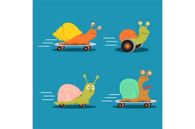 Fast characters snails cartoon vector of set