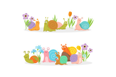 Group of cartoon character snails with flowers