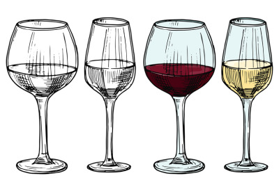 Hand drawn glasses with red and white wine vector illustration