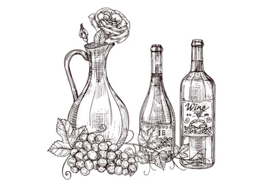 Hand drawn wine decanter with roses, wine bottles, grape vector illust