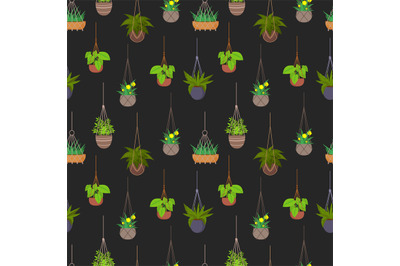 Hanging pots with plants seamless pattern background