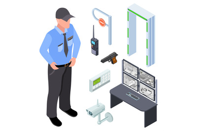 Inventory of police, security, checkpoint isometric vector set