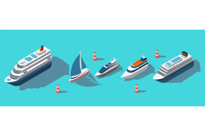 Isometric ferries, yachts, boats, passenger ships vector set