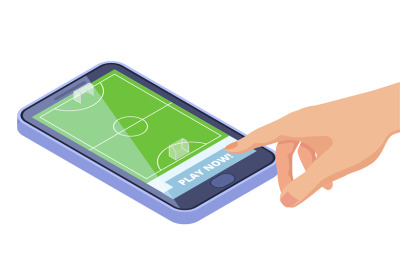 Isometric football field on smartphone - sport games mobile app vector