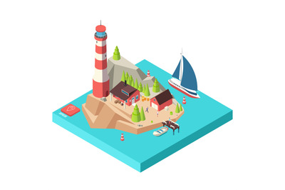 Isometric lighthouse. Island with tower and house, trees and boat at s