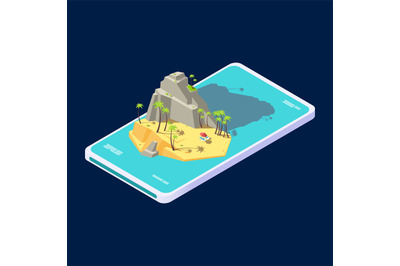 Isometric mobile concept of summer beach island app vacation