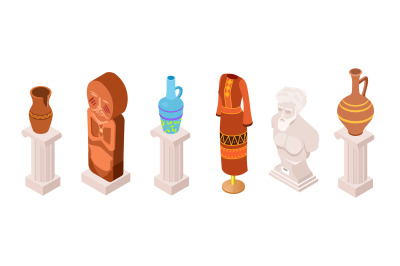 Isometric vector ancient museum exhibits, clothes and totems collectio