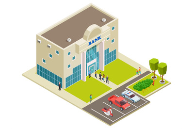 Isometric vector bank location with people&2C; cars and security