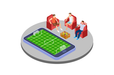 Men with beer watch football online isometric vector illustration