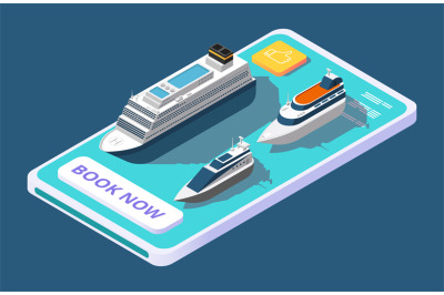 Mobile app for booking cruise with ship or yacht, isometric vector con