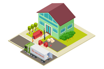 Moving to a new home, furniture delivery vector isometric illustration