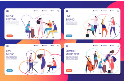 Music festival vector landing pages set template