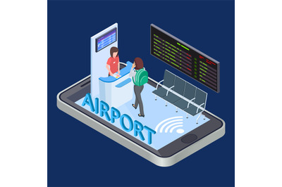 Online check-in service, mobile app isometric vector concept for remot